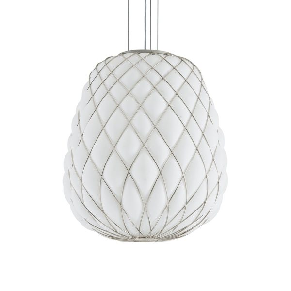 Sospensione Pinecone 30 Vetro bianco gabbia Cromo
