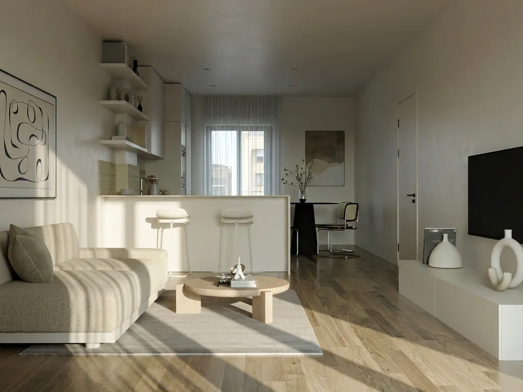 Rendering del living verso la cucina