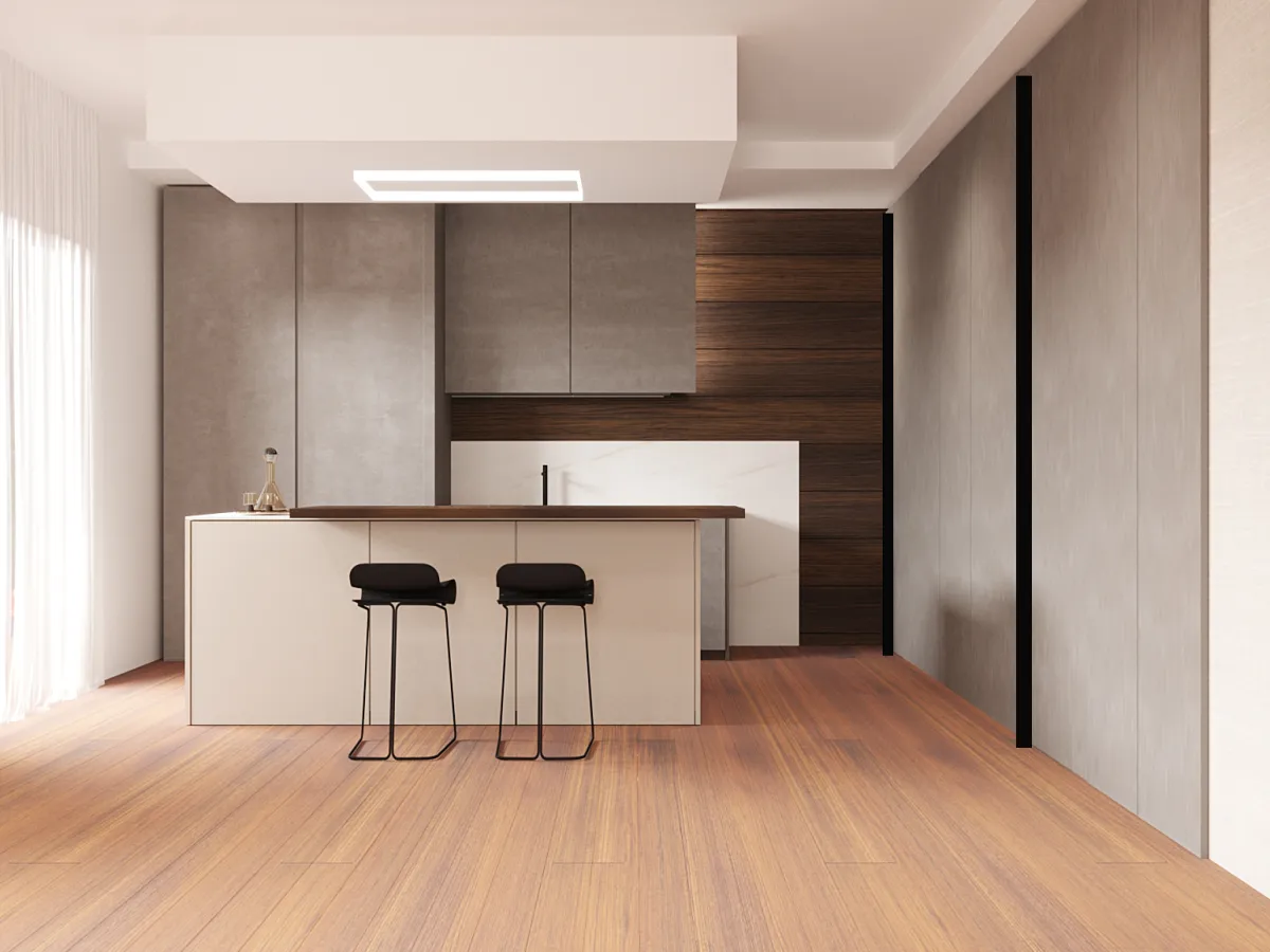 Rendering di una cucina a isola con sgabelli