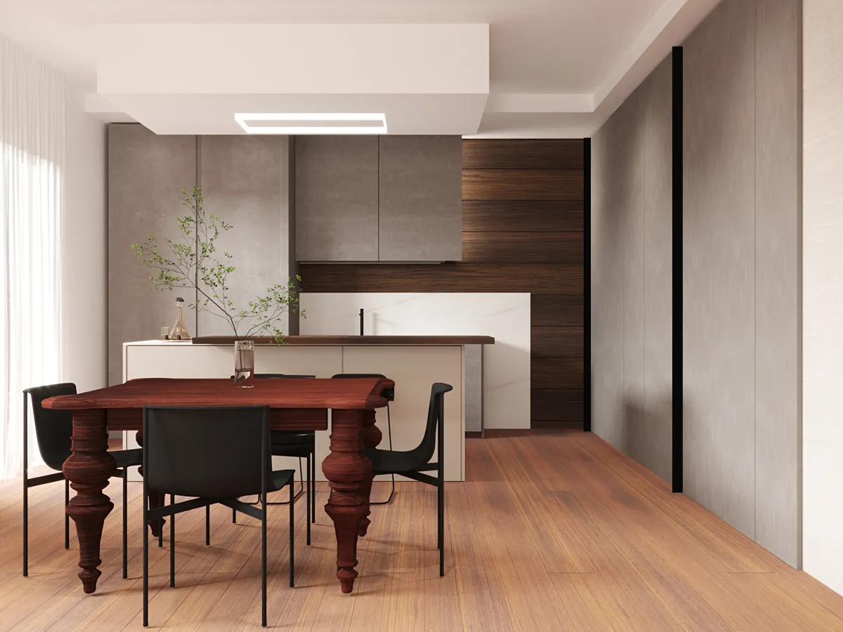 Rendering della stessa cucina con il tavolo da pranzo