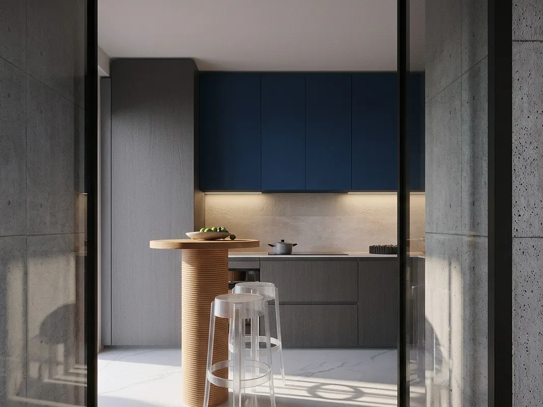 Rendering di una cucina blu con bancone