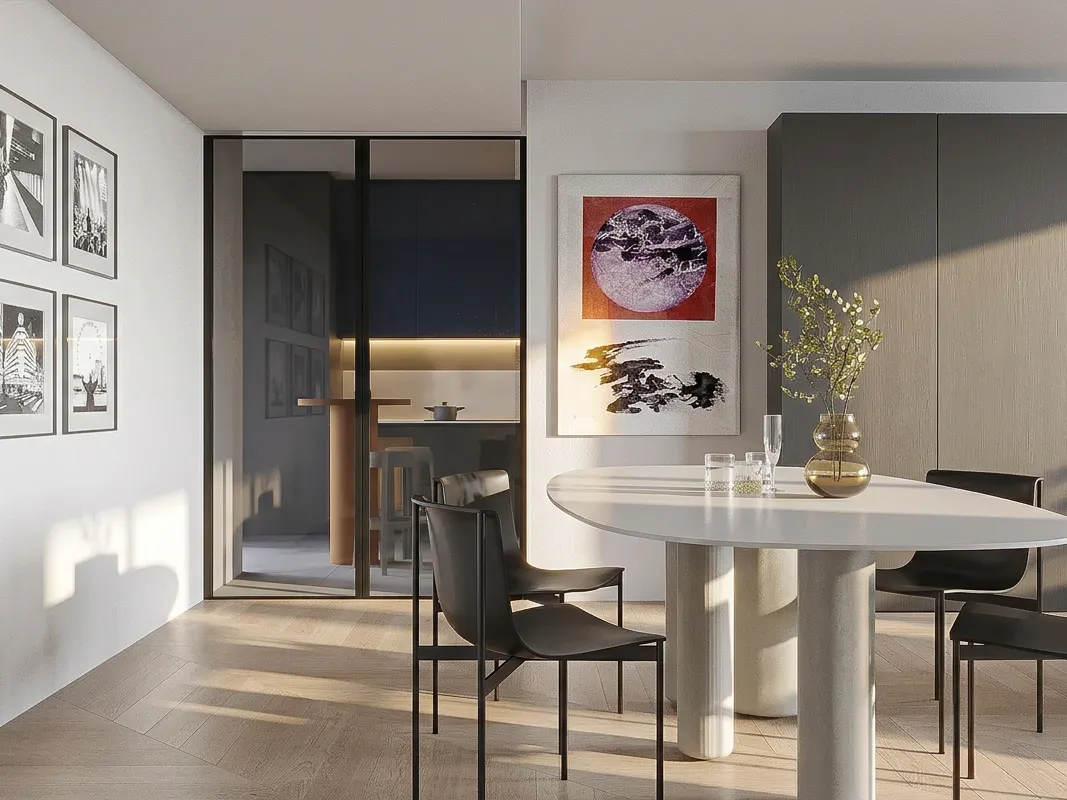 Rendering della zona pranzo con quadri alle pareti