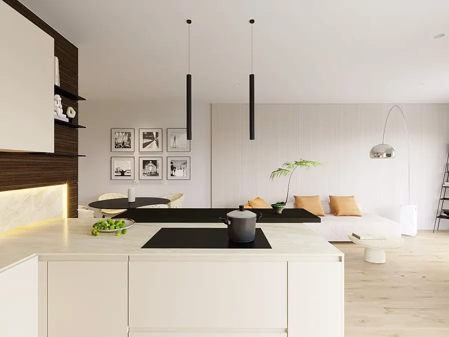 Cucina con parete in noce: rendering del progetto