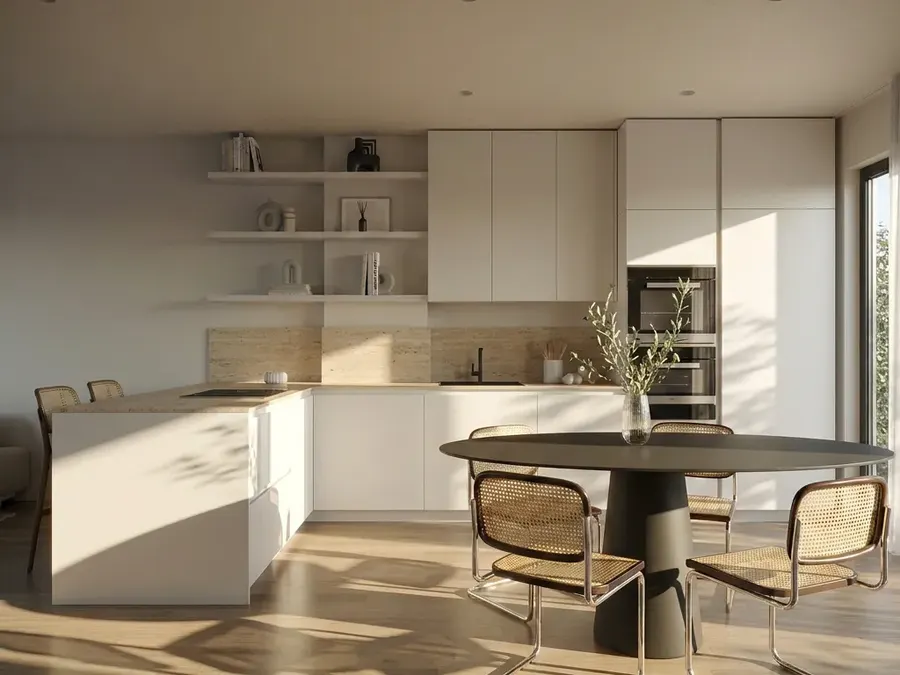 Appartamento: living, cucina e zona notte: cucina con tavolo rotondo